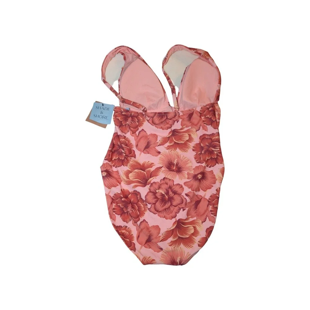 ⭐D9 Shade & Shore Womens One Piece Swimsuit Pink/Orange Hibiscus Size Small